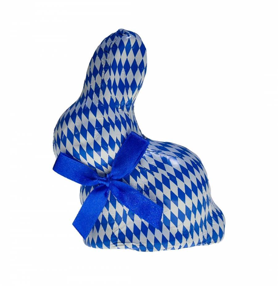 Osterhase, Sitzhase in weiss blauem Stanniol